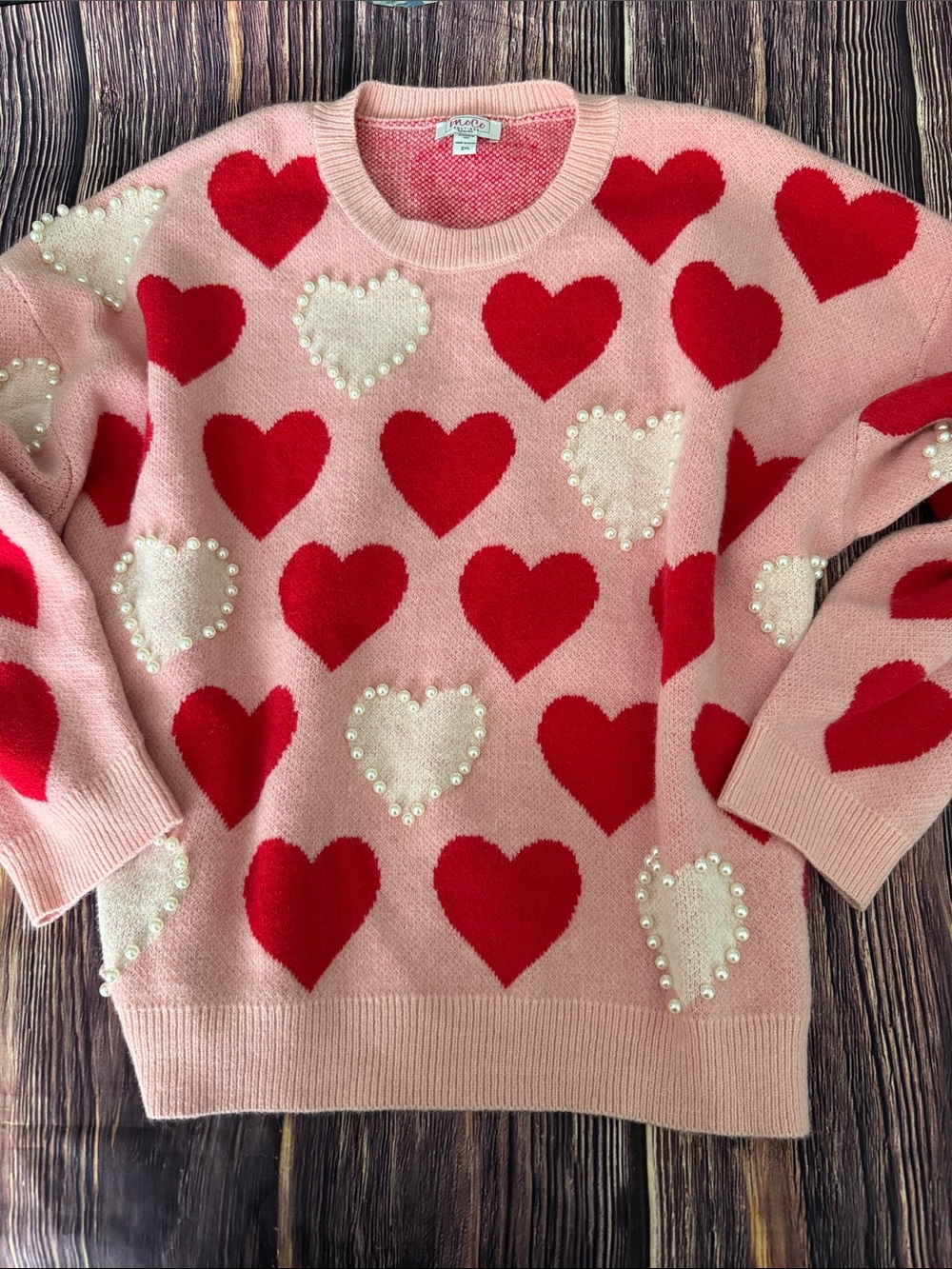 Pink Heart Pearl-Accent Crewneck Sweater